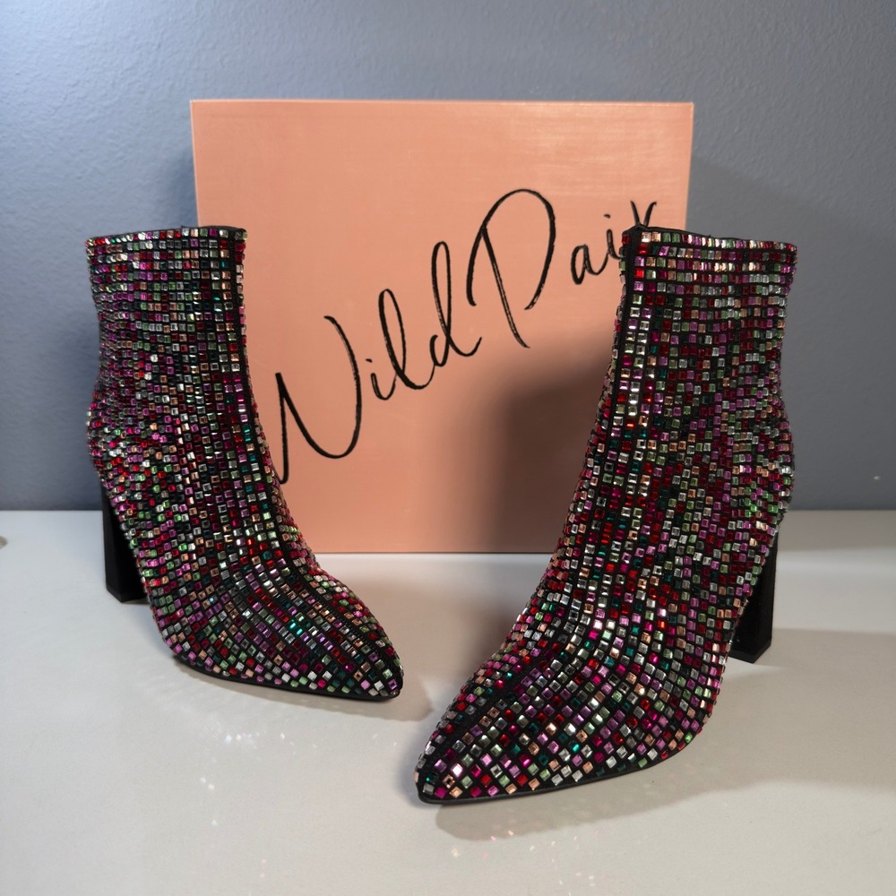 Wild Pair Ingrid-F Booties Women 6.5 Multi Rhinestone New Block Heel Ankle Boots